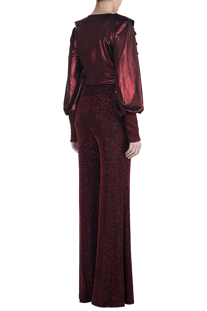Red Metallic Bodysuit With Pants & Crop Top by RS by Rippii Sethi at Pernia's Pop Up Shop