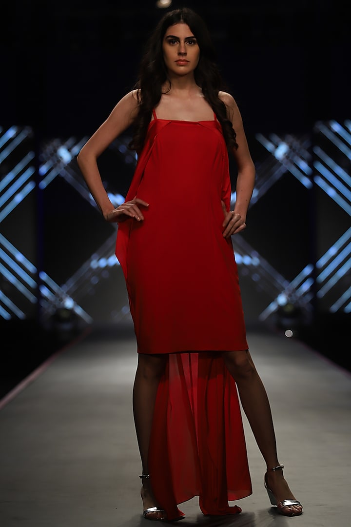 Red Satin Cape Dress by RS by Rippii Sethi
