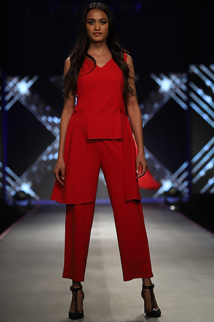 Red Side Draped Top With Pants by RS by Rippii Sethi