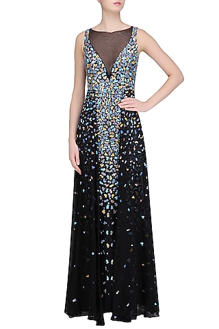 Black Applique Work Sleeveless Flared Gown by RS by Rippii Sethi