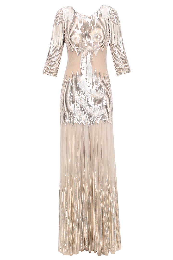 Nude Sequins Embellished Flared Gown by RS by Rippii Sethi
