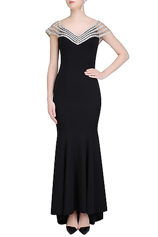 Black and Silver Glitter Drop Shoulder Sheer Panel Gown by RS by Rippii Sethi