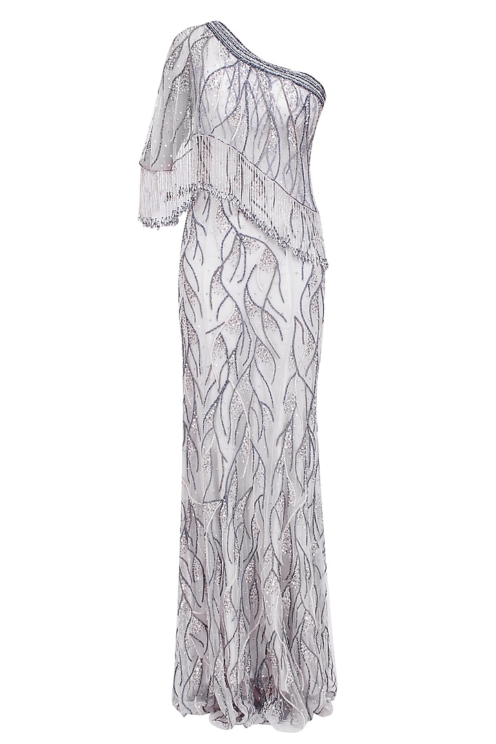 Lavenge Glitter Embellished One Shoulder Fringes Gown by RS by Rippii Sethi