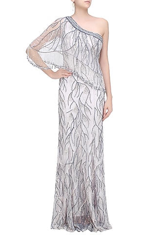 Lavenge Glitter Embellished One Shoulder Fringes Gown by RS by Rippii Sethi