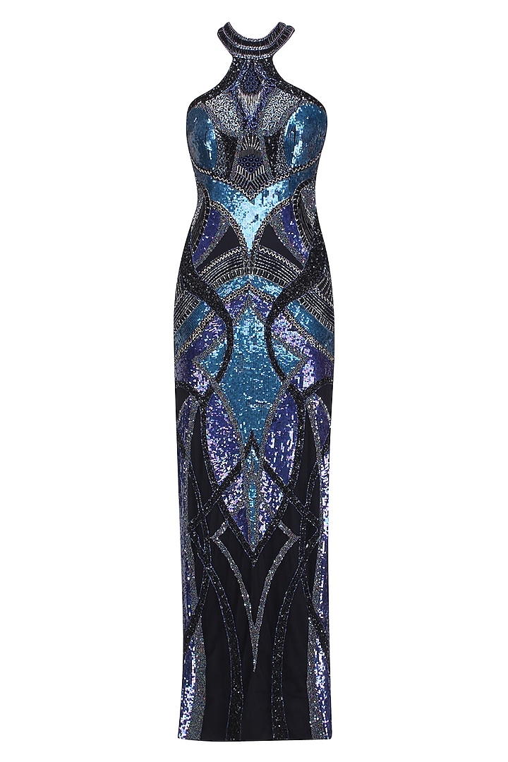 Black, Blue and Silver Sequinned High Neck Gown by RS by Rippii Sethi