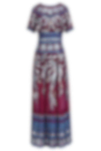 Wine, Blue and Silver Gota Patti Floral Work Dress by RS by Rippii Sethi