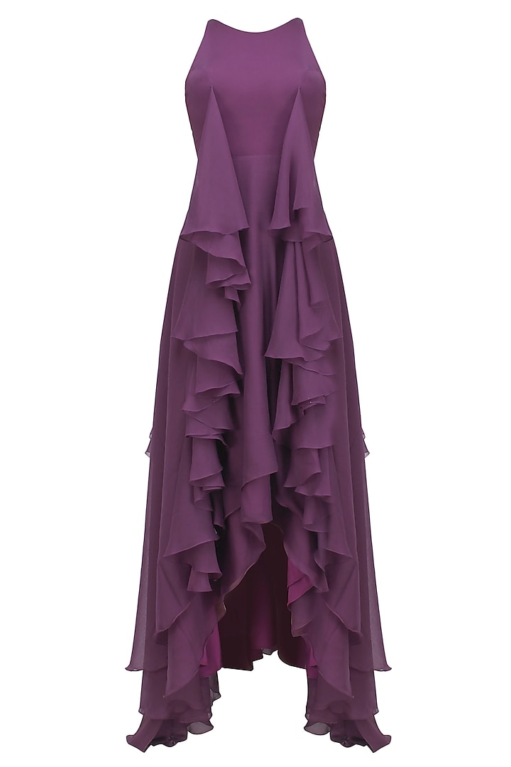 Purple Ruffled High Low Sleeveless Gown by RS by Rippii Sethi