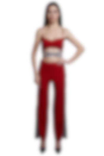 Red Printed Crop Top With Pants by RS by Rippii Sethi