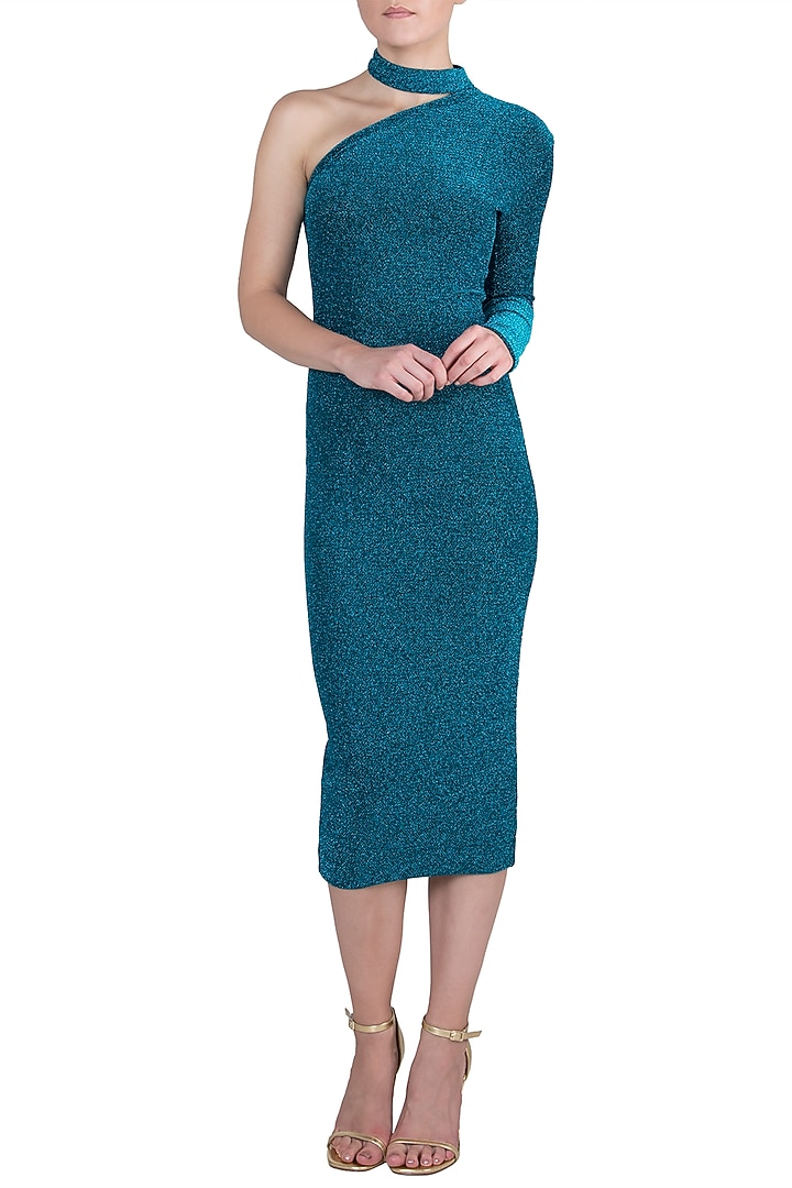 Blue metallic one shoulder choker dress available only at Pernia's Pop Up 
