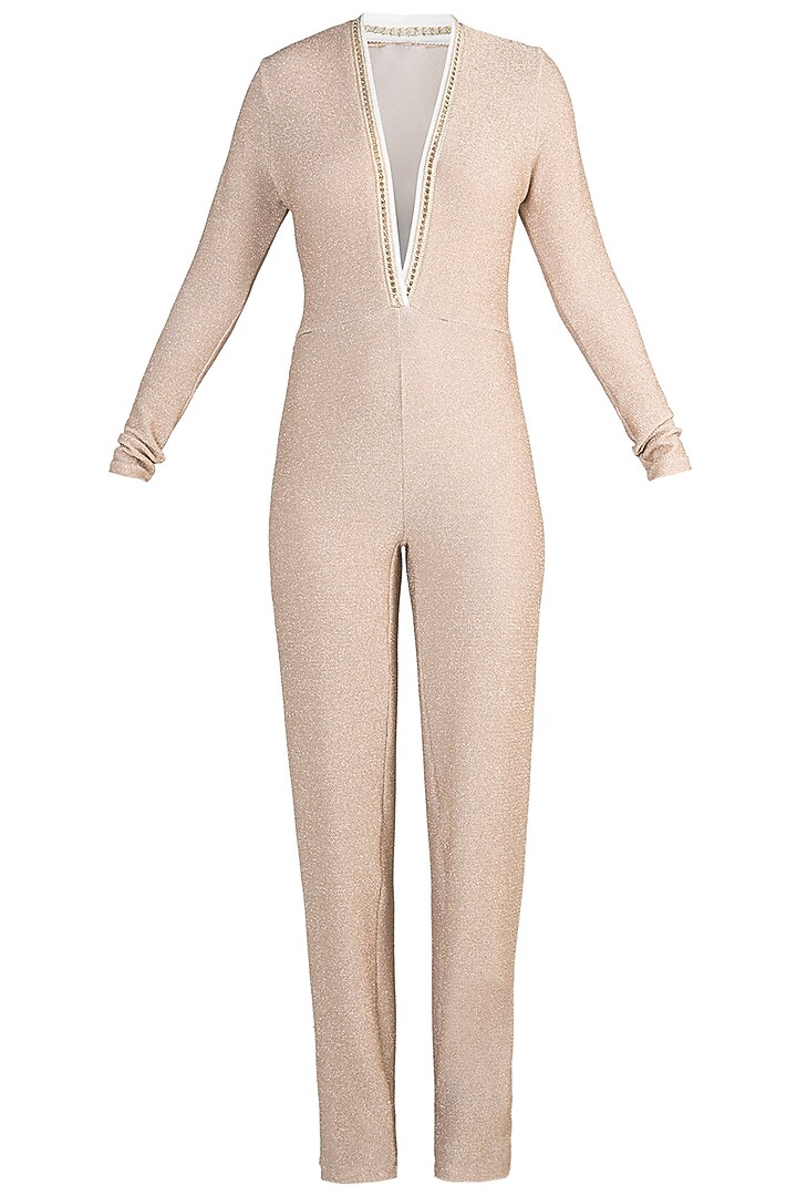 Nude deep neck jumpsuit available only at Pernia's Pop Up Shop.