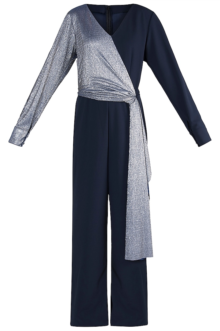 Navy Blue And Silver Metallic Jumpsuit by Rs By Rippii Sethi