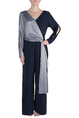 Navy Blue And Silver Metallic Jumpsuit by Rs By Rippii Sethi