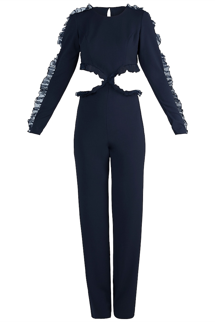 Navy Blue Frills Cutout Jumpsuit by Rs By Rippii Sethi