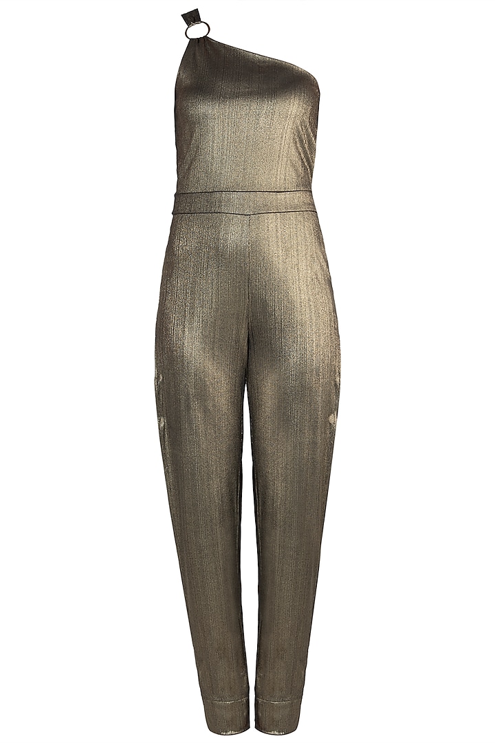 Gold Metallic One Shoulder Jumpsuit by Rs By Rippii Sethi