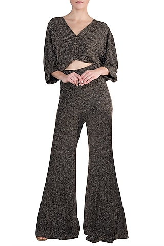 Black And Gold Metallic Crop Top With Matching Palazzo Pants by Rs By Rippii Sethi