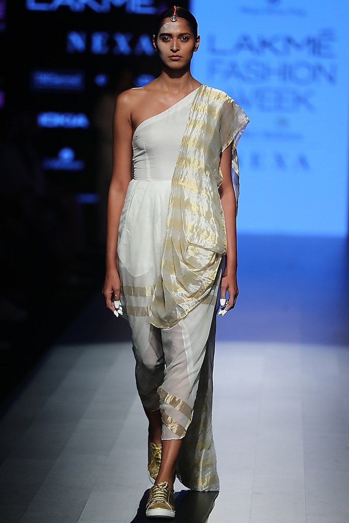 White Striped One Shoulder Saree Dress by Rajesh Pratap Singh