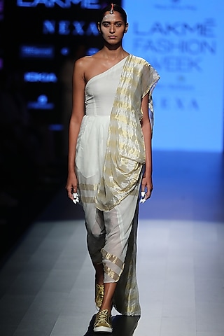 White Striped One Shoulder Saree Dress by Rajesh Pratap Singh