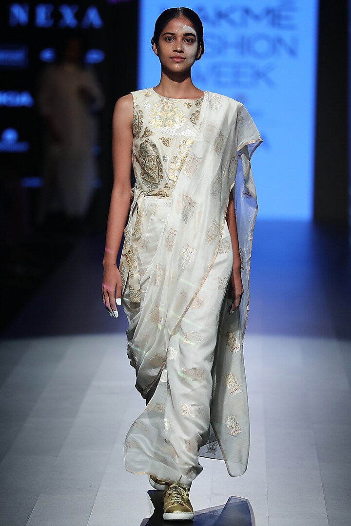 White Stitched Saree Dress by Rajesh Pratap Singh