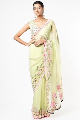 Light Green Hand-Painted Saree Set by Roopa Sharma