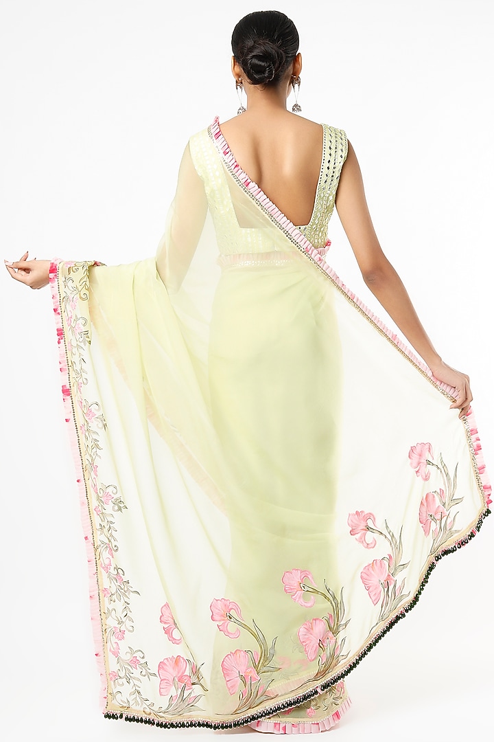 Light Green Hand-Painted Party Wear Saree Set by Roopa Sharma at Pernia's Pop Up Shop