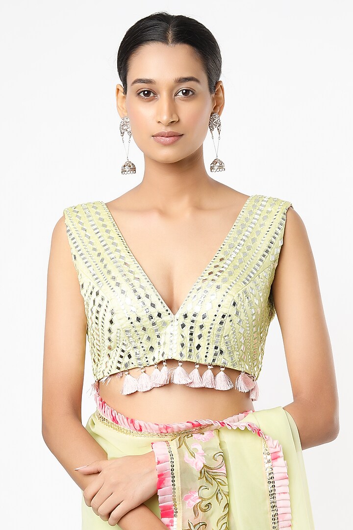 Light Green Hand-Painted Party Wear Saree Set by Roopa Sharma at Pernia's Pop Up Shop