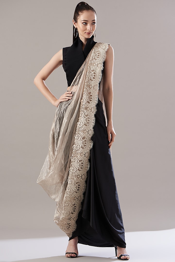 Gold & Black Satin Pre-Draped Saree Set by RENASCI BY RITIKA ARYA JAIN