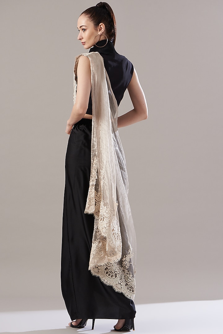 Gold & Black Satin Pre-Draped Wedding Saree Set by RITIKA ARYA JAIN at Pernia's Pop Up Shop