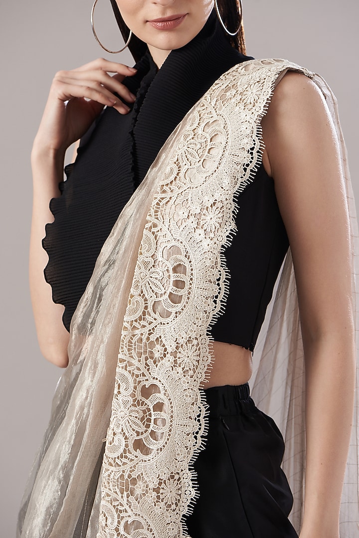 Gold & Black Satin Pre-Draped Wedding Saree Set by RITIKA ARYA JAIN at Pernia's Pop Up Shop