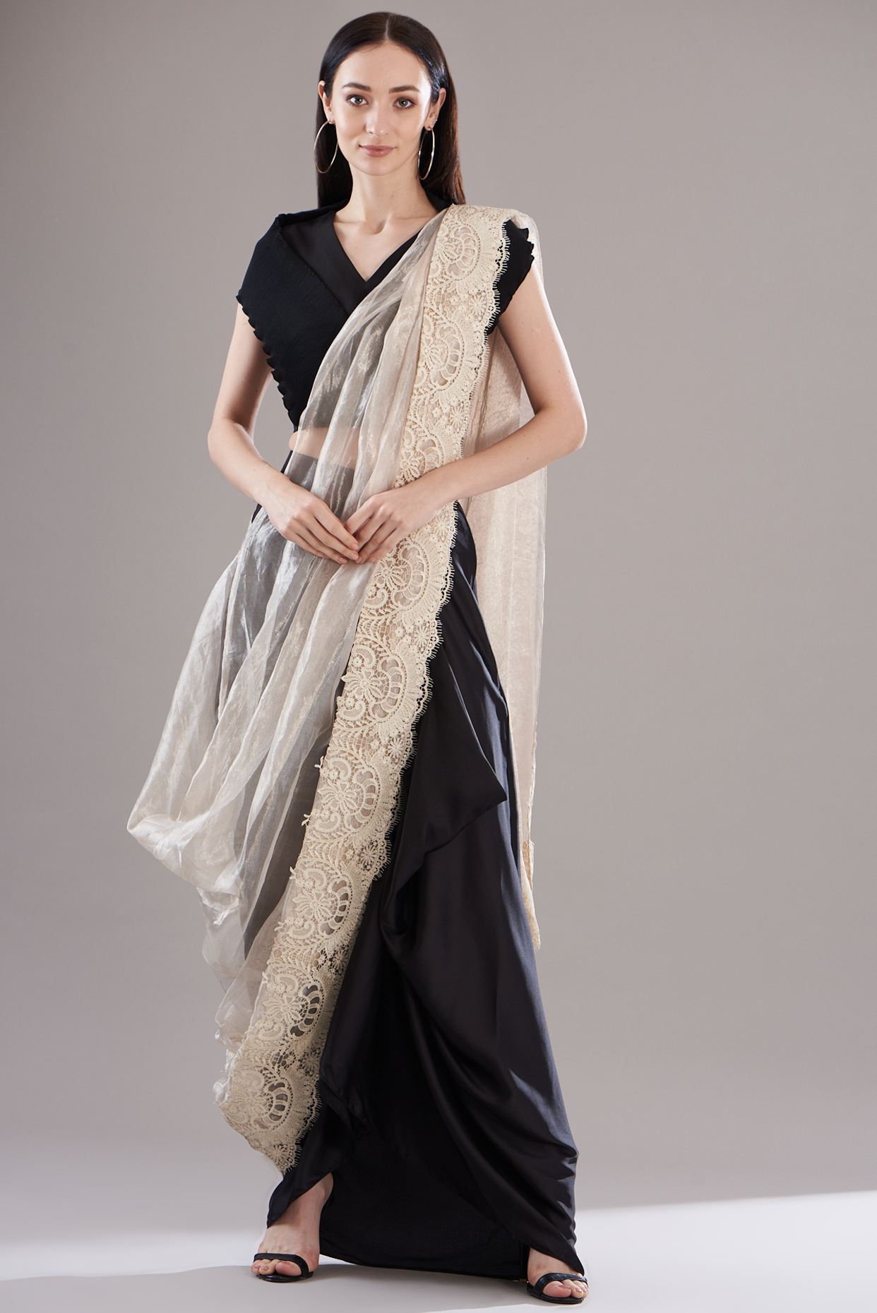 Black Tissue Pre-Draped Saree Set by RENASCI BY RITIKA ARYA JAIN