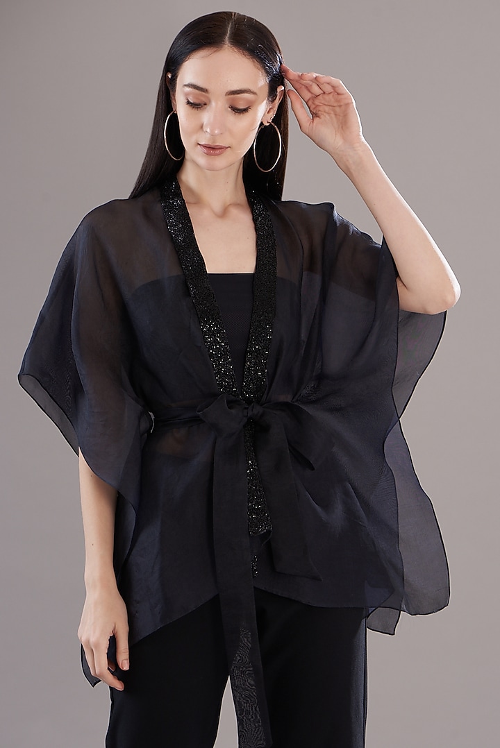Black Organza Cape Top by RITIKA ARYA JAIN at Pernia's Pop Up Shop