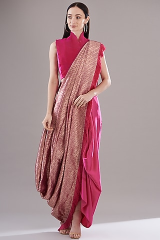 Pink Banarasi Pre-Draped Saree Set by RITIKA ARYA JAIN