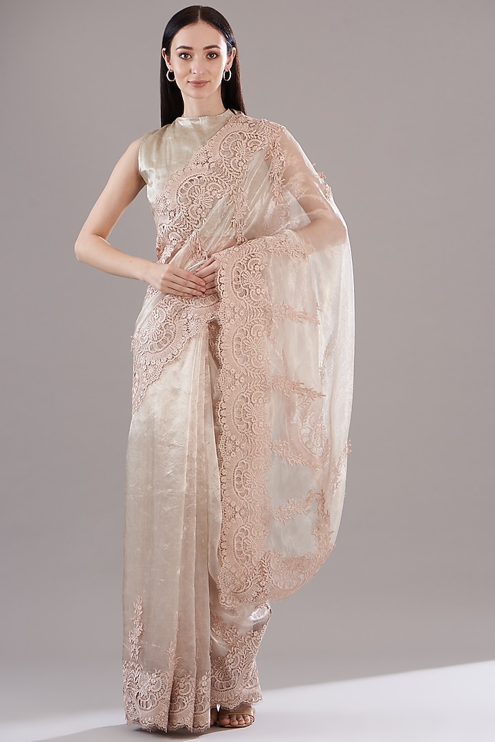 Silver Tissue Lace Embroidered Saree Set by RENASCI BY RITIKA ARYA JAIN