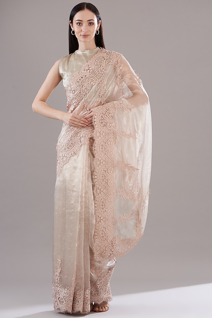 Silver Tissue Embroidered Saree Set by RENASCI BY RITIKA ARYA JAIN