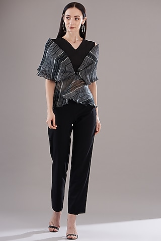 Black Mushroom Organza Draped Top by RITIKA ARYA JAIN