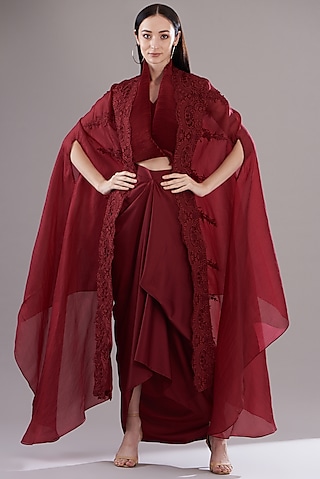 Red Organza Cape Set by RITIKA ARYA JAIN