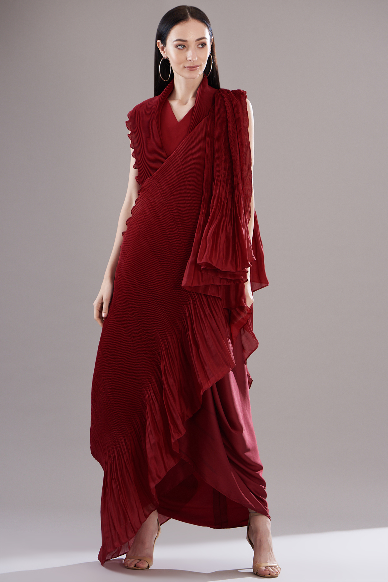 Red Banana Crepe & Satin Pre-Draped Skirt Wedding Saree Set by RITIKA ARYA JAIN at Pernia's Pop Up Shop