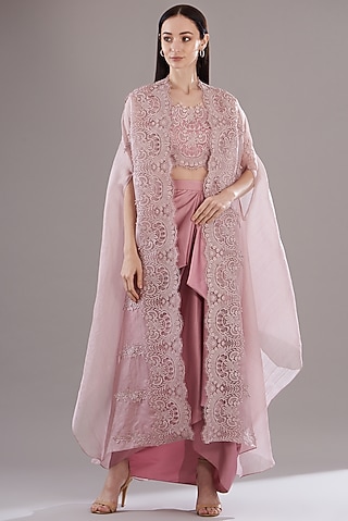 Pink Organza Cape Set by RITIKA ARYA JAIN