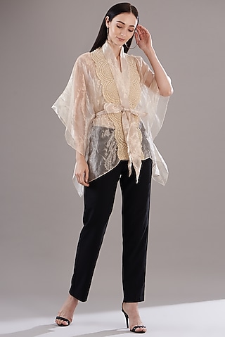 Silver Tissue Embroidered Cape by RITIKA ARYA JAIN