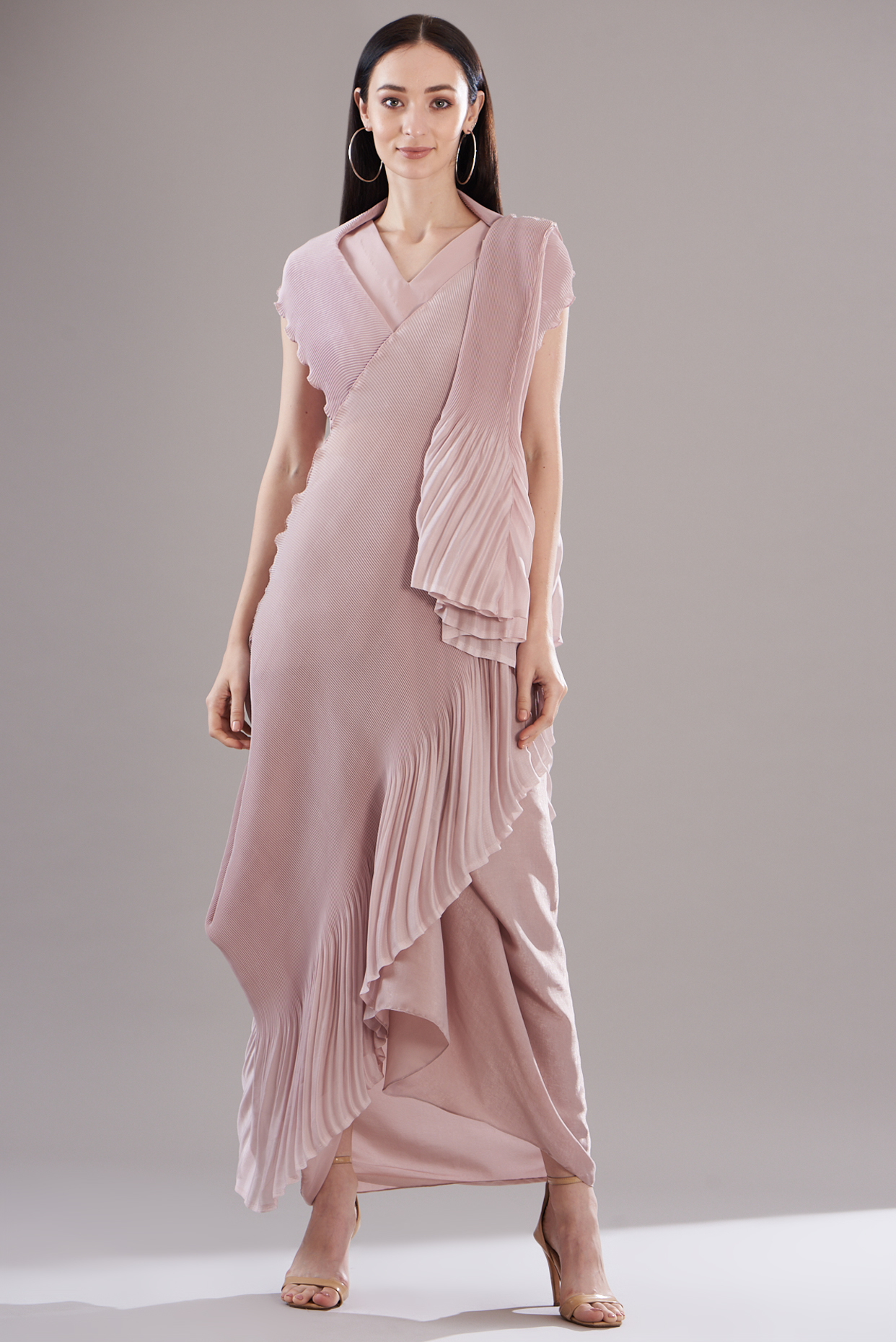 Pink Satin & Banana Crepe Pleated Pre-Draped Saree Set by RITIKA ARYA JAIN