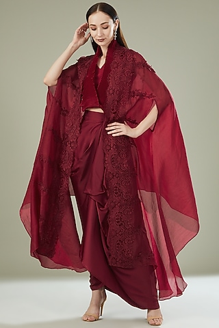 Red Organza Cape Set by RITIKA ARYA JAIN