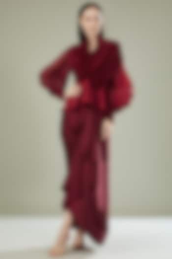 Red Satin Draped Lungi Skirt by RENASCI BY RITIKA ARYA JAIN