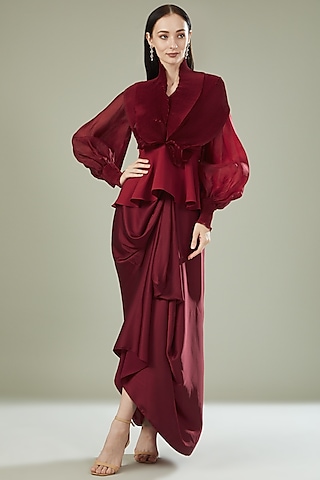Red Satin Draped Lungi Skirt by RITIKA ARYA JAIN