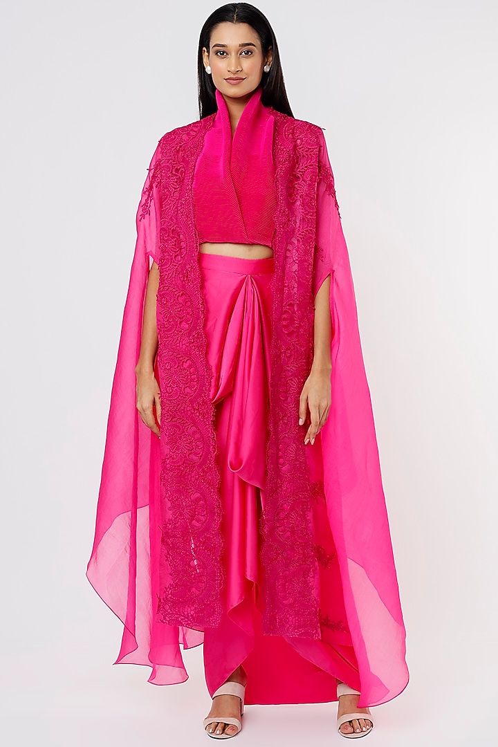 Fuchsia Pink Satin Skirt Set by RENASCI BY RITIKA ARYA JAIN