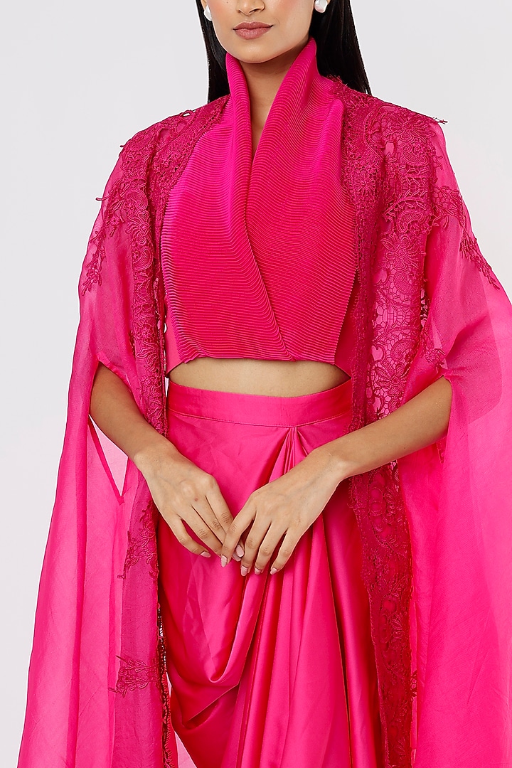 Pink Ruffle Silk Crop Top with Jacquard Skirt Set-Shrena Hirawat-Fabilicious  Fashion