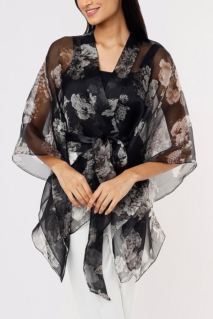 White & Black Printed Cape by RITIKA ARYA JAIN at Pernia's Pop Up Shop