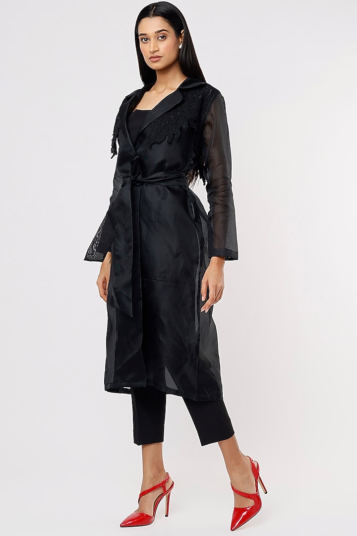 Black Organza Trench Coat Set by RENASCI BY RITIKA ARYA JAIN