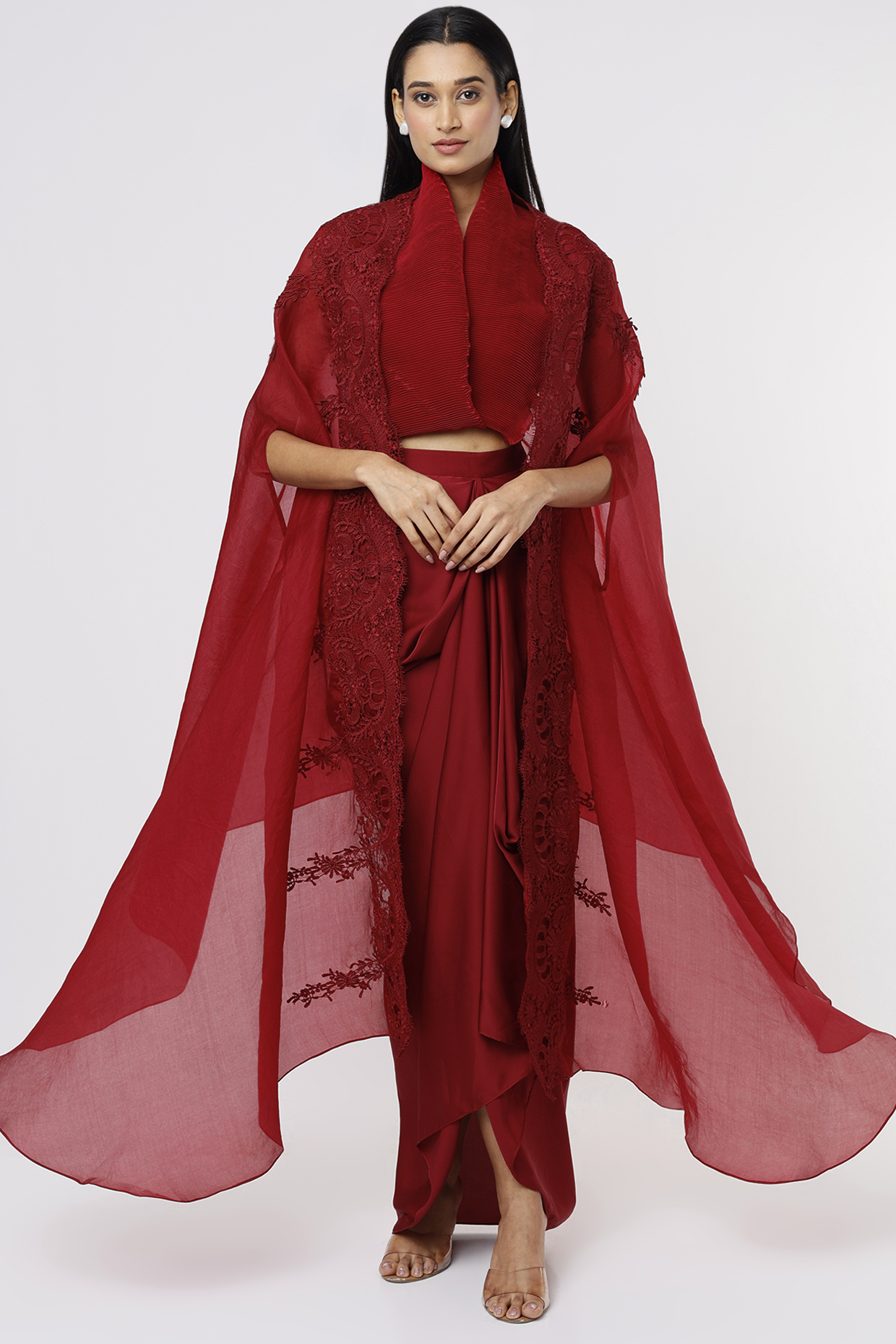 Red Organza Cape Set by RENASCI BY RITIKA ARYA JAIN