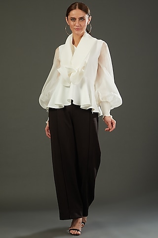 White Banana Crepe Peplum Top by RITIKA ARYA JAIN