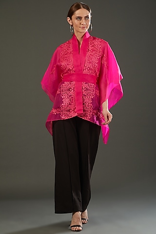 Fuchsia Organza Cape Top by RITIKA ARYA JAIN