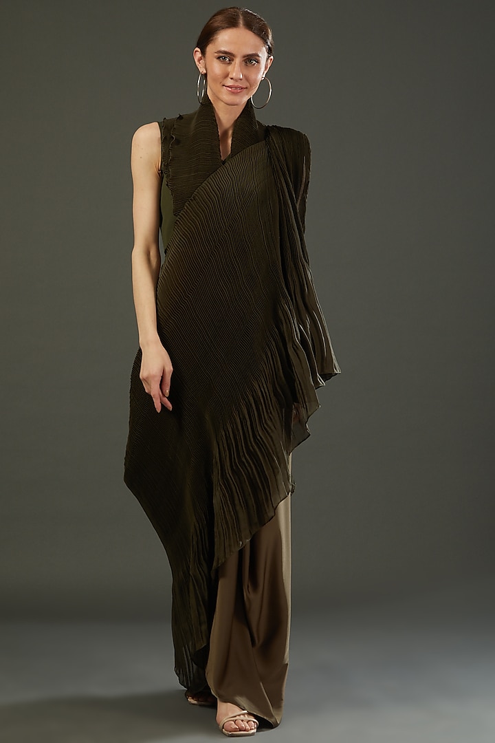 Olive Green Crepe Draped Saree Set by RENASCI BY RITIKA ARYA JAIN